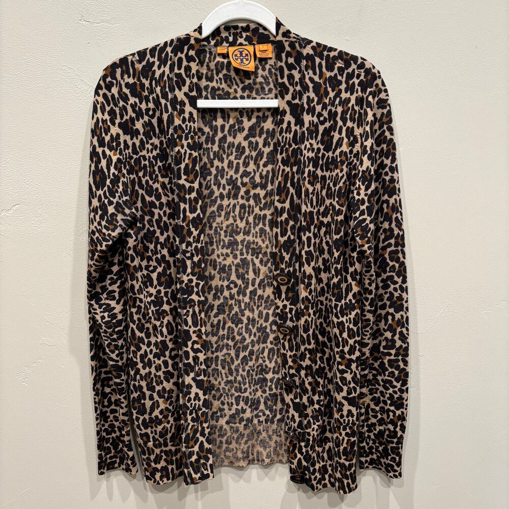 Tory Burch Merino Wool Leopard Print Cardigan Black Brown - Size: Large